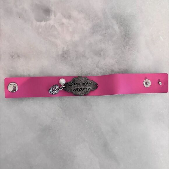 NWOT Etsy Love You More Leather Strap Heart & Faux Pearl Cuff Bracelet Pink OS - Picture 2 of 4